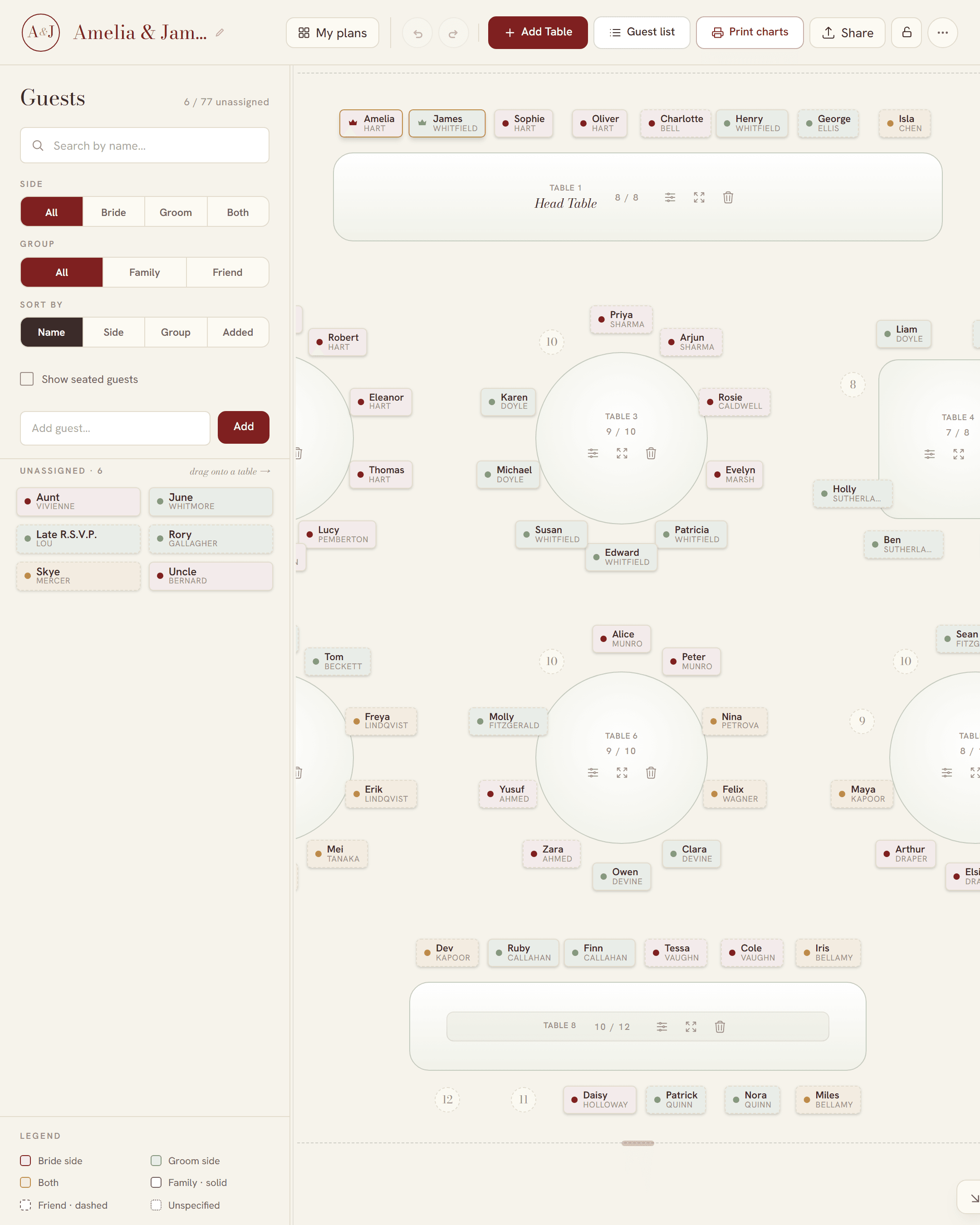 The SeatFlow planner on a computer: the guest list with search and side filters on the left, and a head table and round tables with guests seated around them on the right.